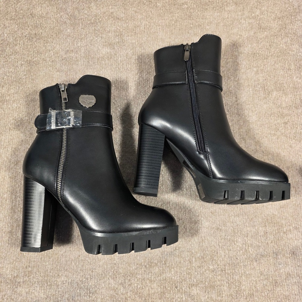 Milwaukee Performance Womens Black Leather Heeled Platform Biker Boots Size 6 - Picture 4 of 7